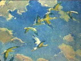 Sammansättning på Stilla Ivan Ivanovs målning "Storkar". Live bild